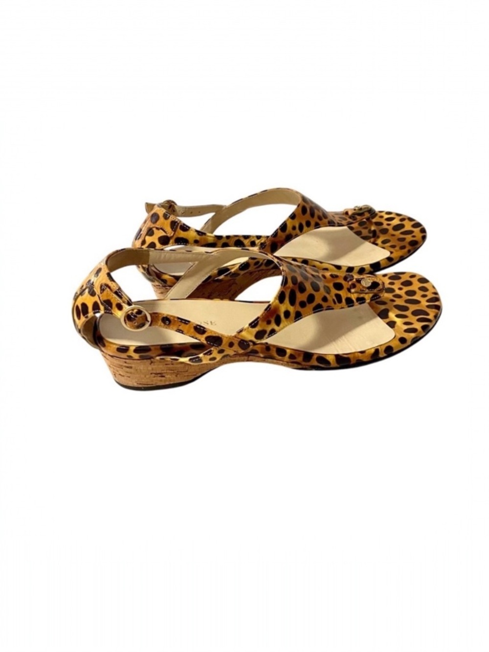 Taryn Rose Kat Low-Wedge Thong Sandals 8.5 Patent Leather Leopard Animal Print